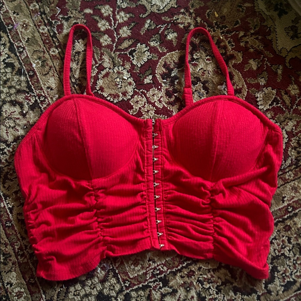 Bozzolo Red Ribbed Hook-and-Eye Crop Top